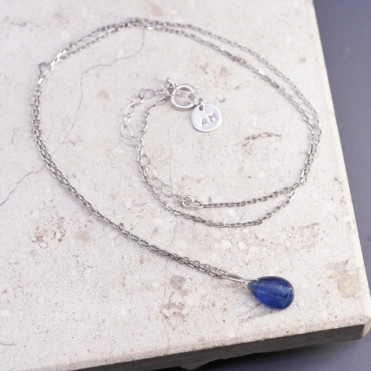 16+2”, Natural Blue Sapphire Faceted Teardrop Pendant Necklace Sterling Silver