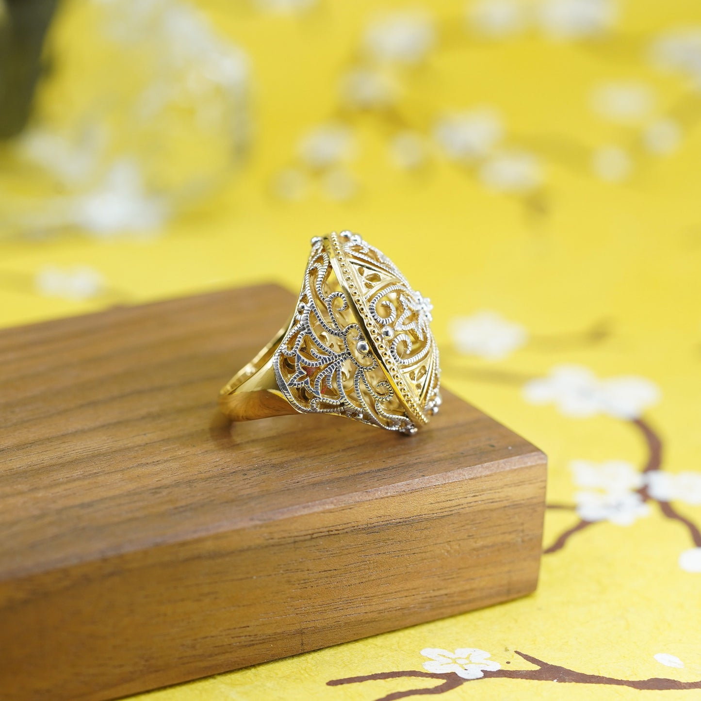 Size 7.75, two tone Sterling silver 925 cocktail filigree crown ring diamond