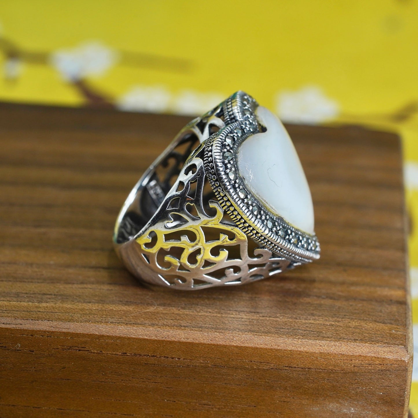 Size 6.5, Sterling 925 silver handmade ring with heart moonstone and marcasite