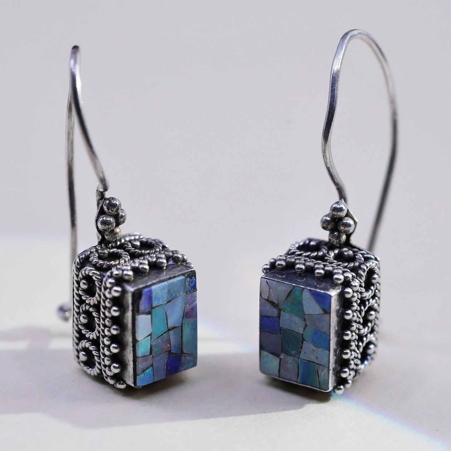 Vintage MNSN Sterling silver handmade mosaic earrings, rectangular dangles opal
