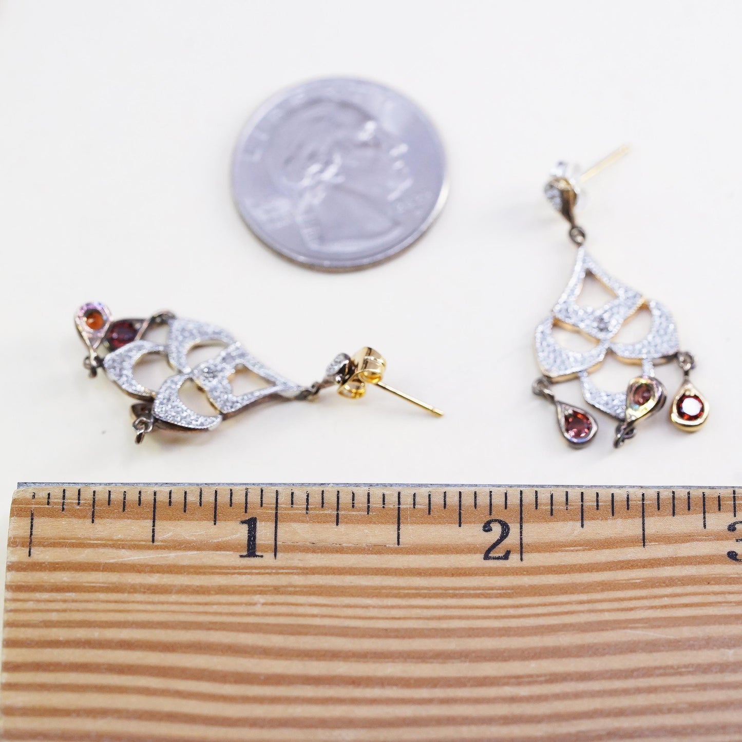 Vintage vermeil yellow gold over sterling 925 silver earrings ruby and diamonds