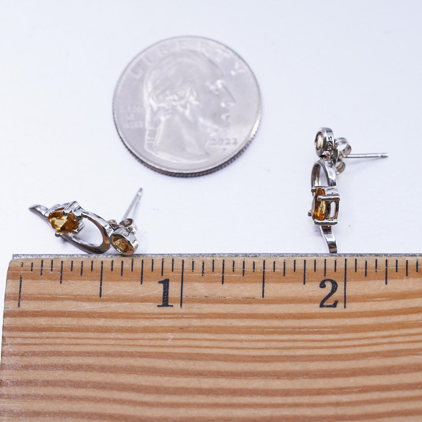 Vintage minimalist Modern wave Sterling Silver Earrings, 925 Studs citrine
