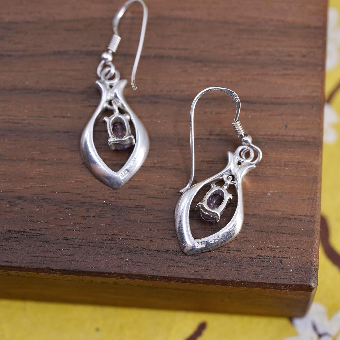 Vintage Sterling 925 silver handmade teardrop earrings with amethyst