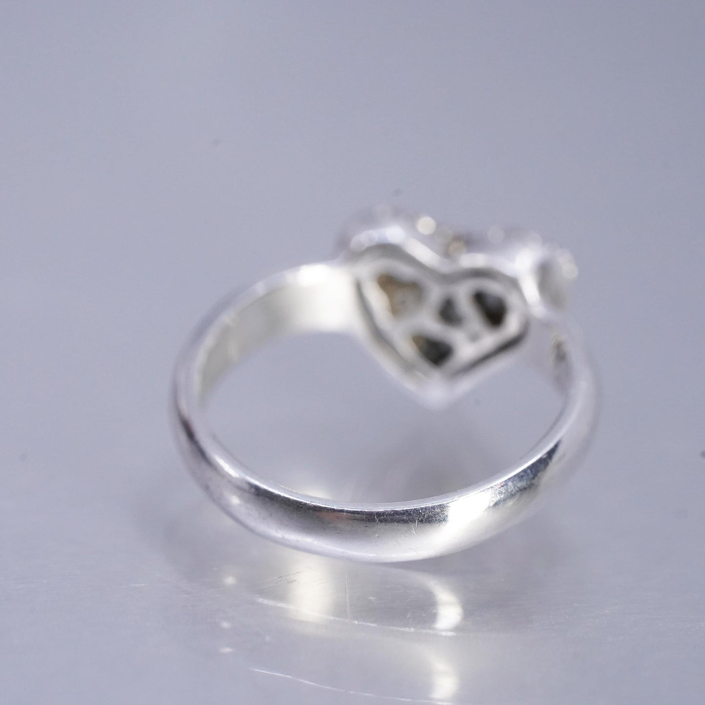 Size 6, vintage Sterling 925 silver handmade heart ring with cluster Cz