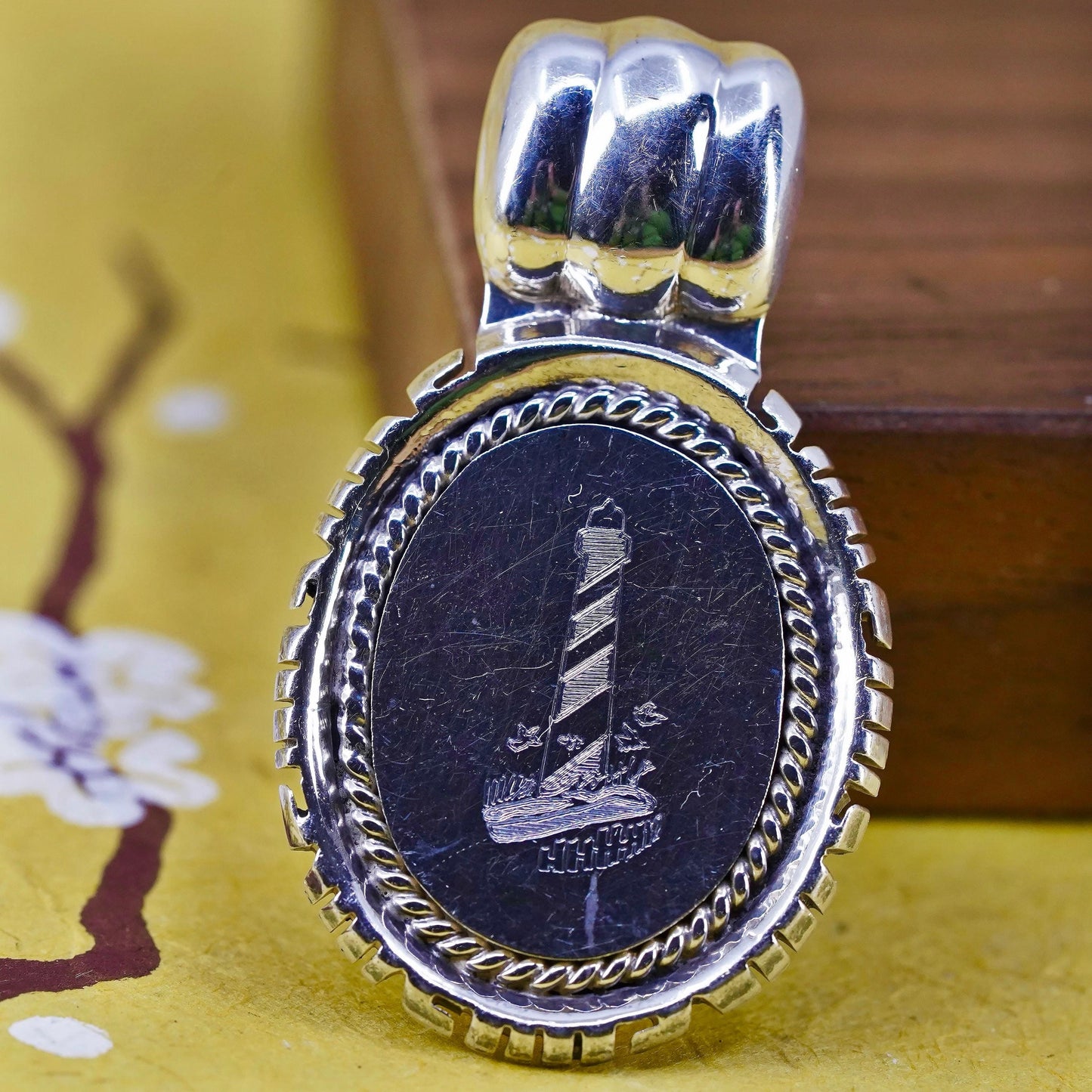 southwestern sterling silver pendant, 925 pendant engraved lighthouse cable