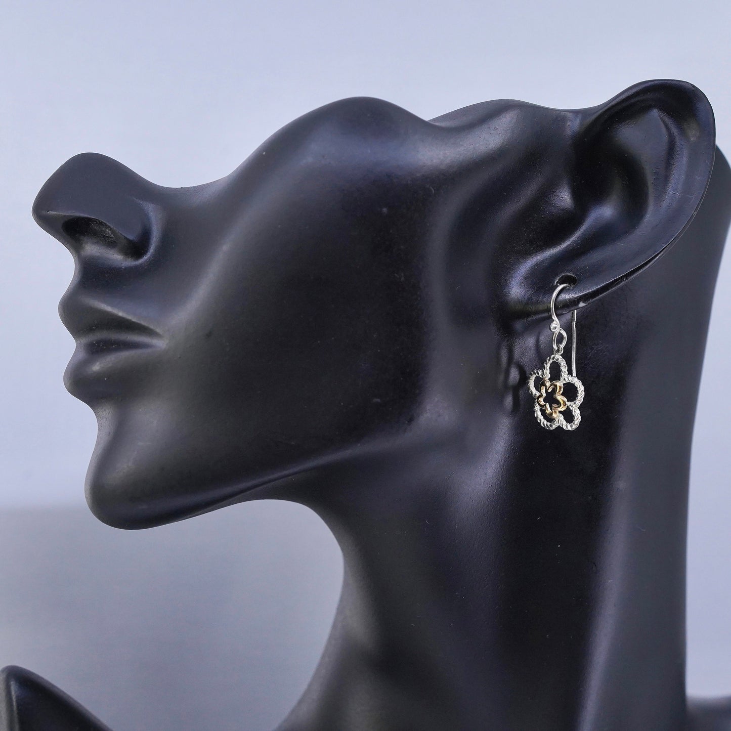 Vintage two tone Sterling 925 silver handmade earrings, flower dangles