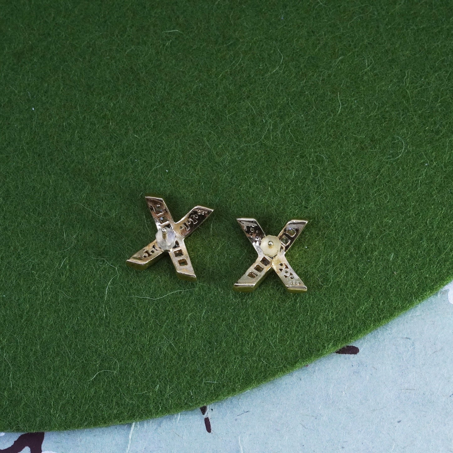 Vintage vermeil gold over sterling 925 silver cross X studs, earrings with cz