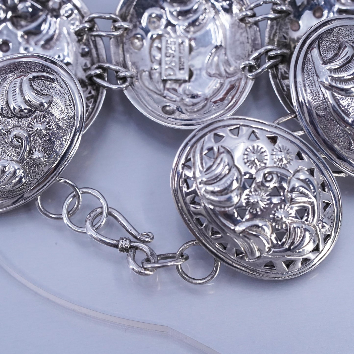 Designer DS Sterling Silver 925 Floral Oval Chain Linked 7" 6 Station Bracelet