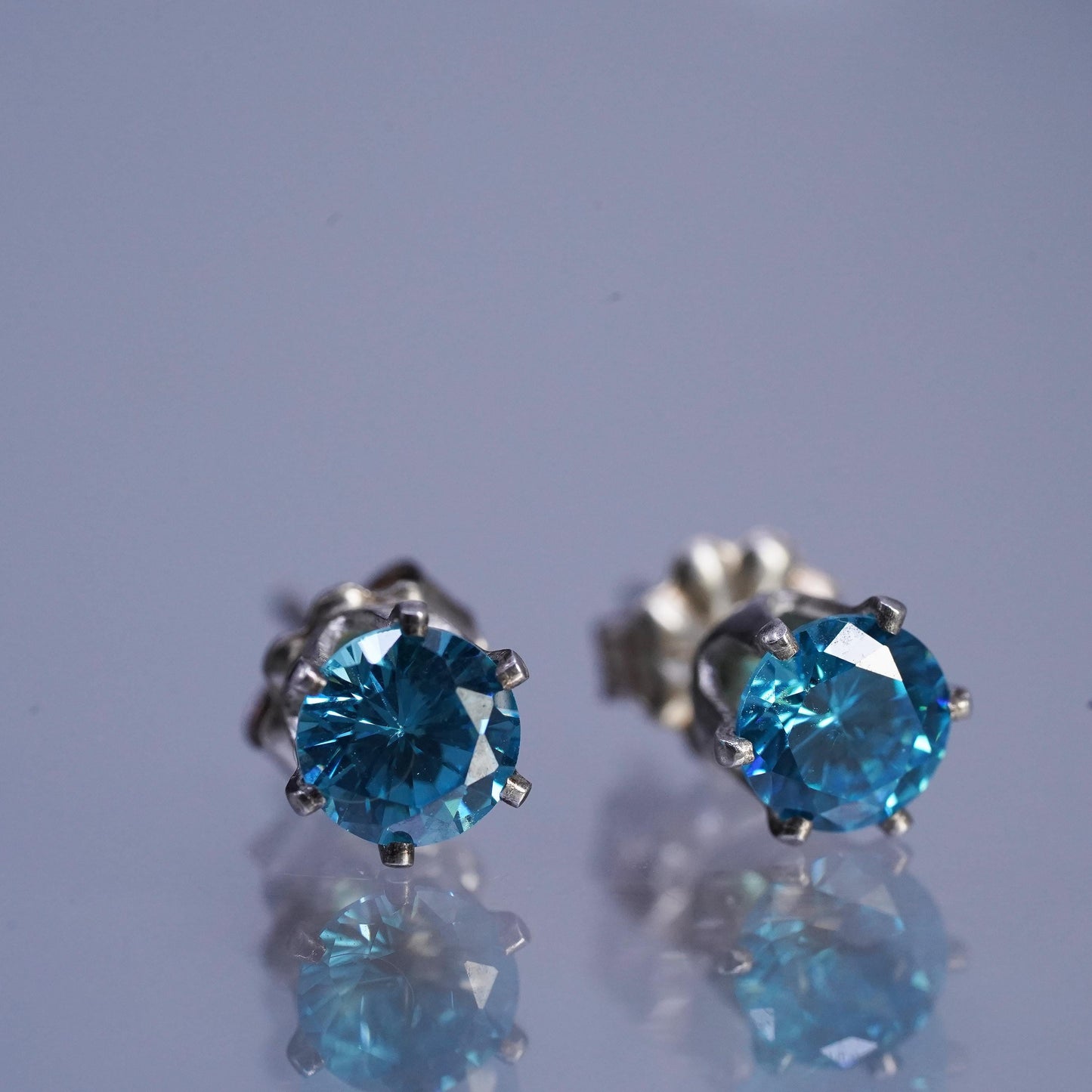 4mm, Vintage Sterling 925 silver handmade earrings, blue cz studs