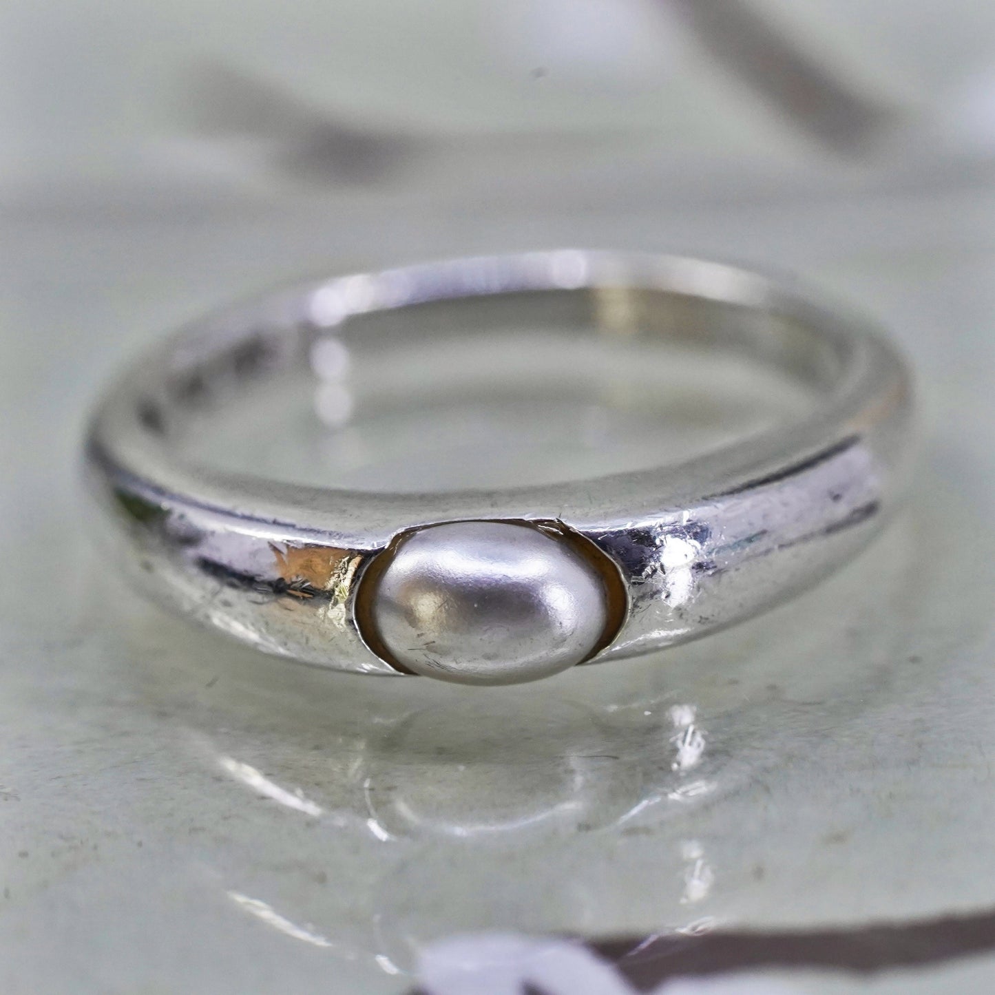 Size 5, vintage sterling 925 silver handmade ring band with pearl, modernist