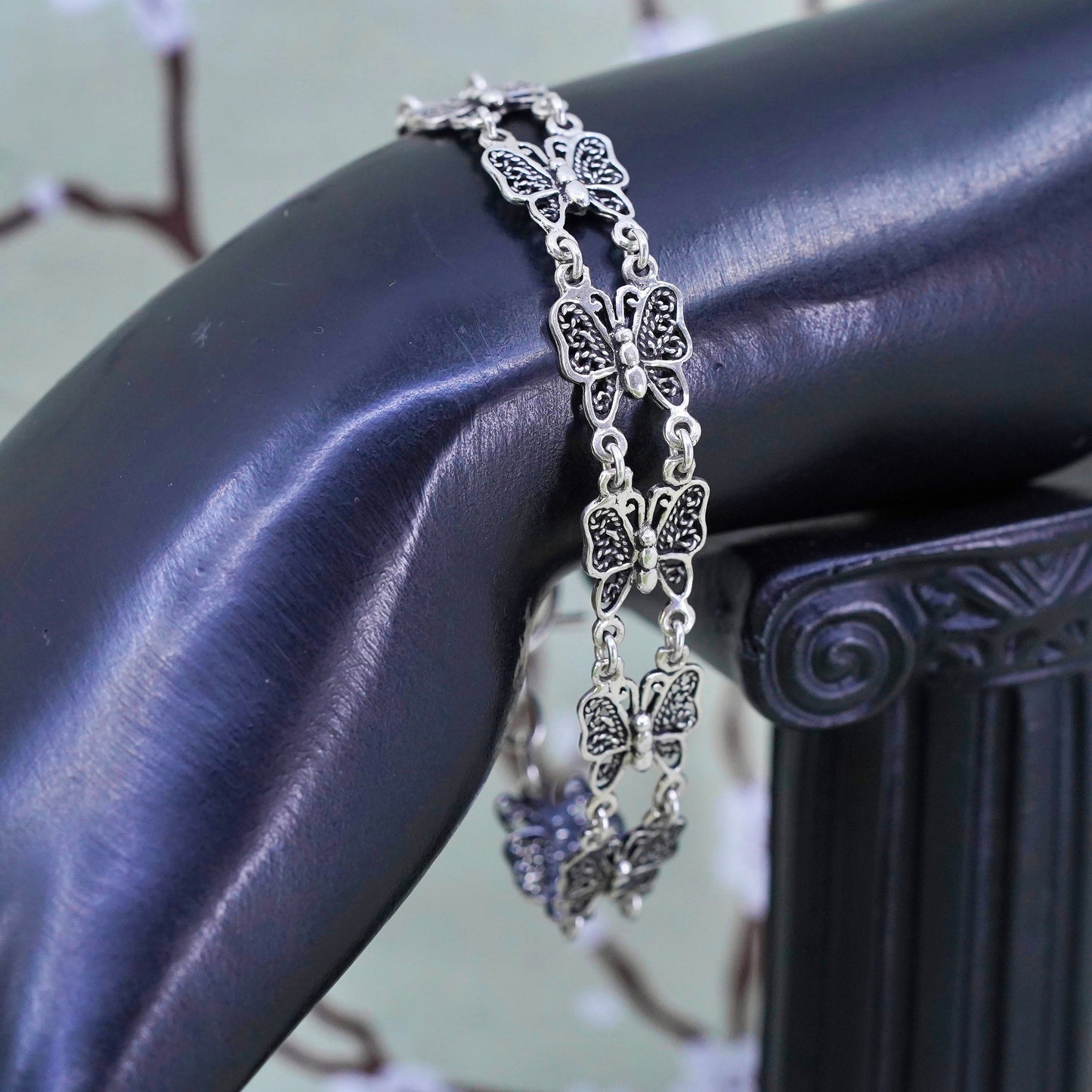 7", Vintage Sterling silver handmade bracelet, 925 silver filigree butterfly