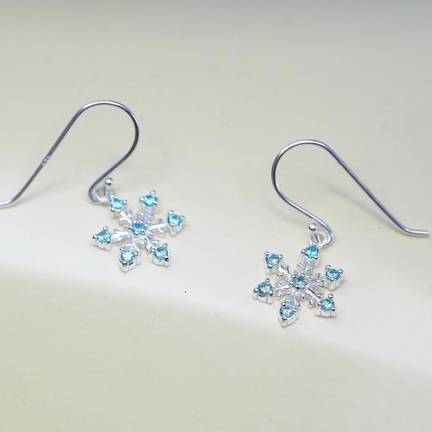 Vintage sterling silver handmade earrings, 925 snowflake drops with blue CZ