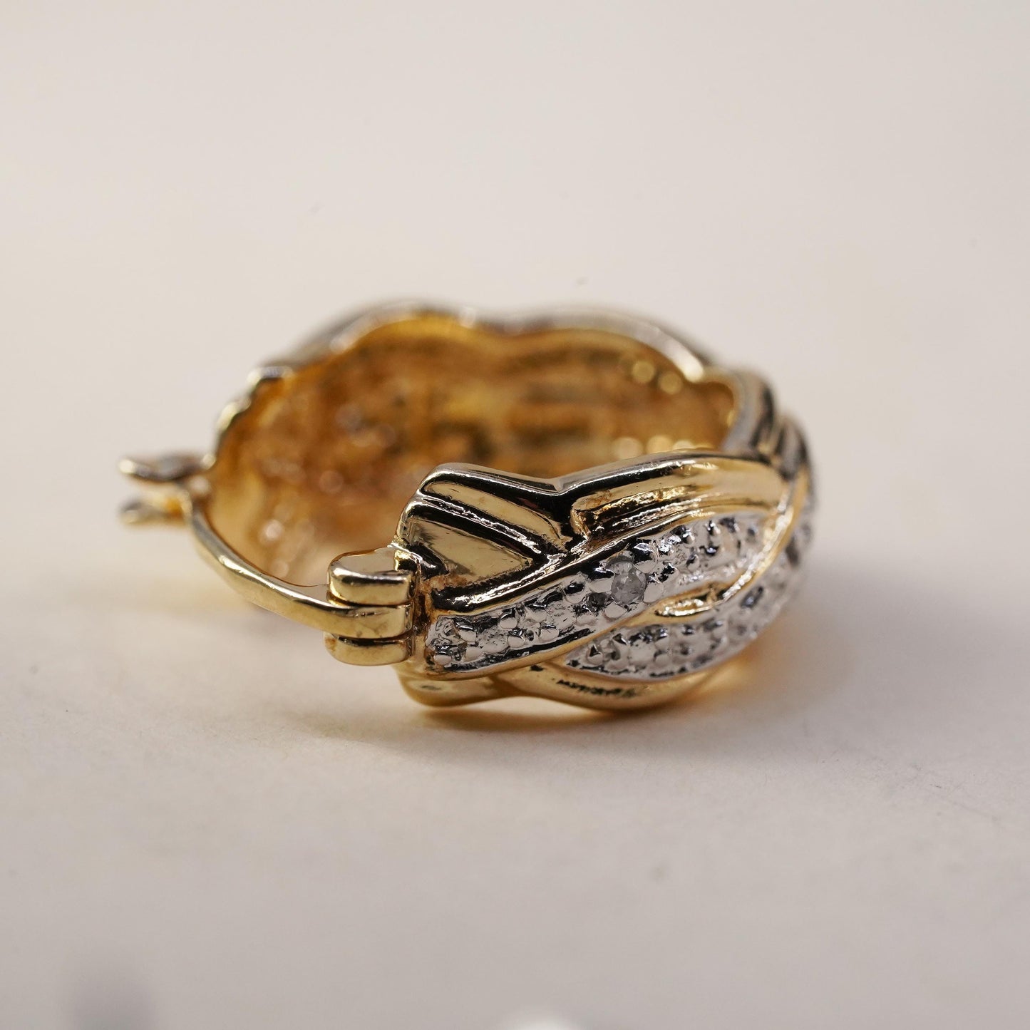 0.5", Vintage vermeil gold over sterling silver single earring, hoop diamond