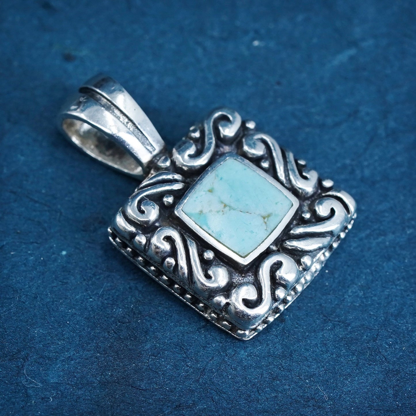 southwestern Sterling 925 silver handmade filigree pendant w/ square turquoise