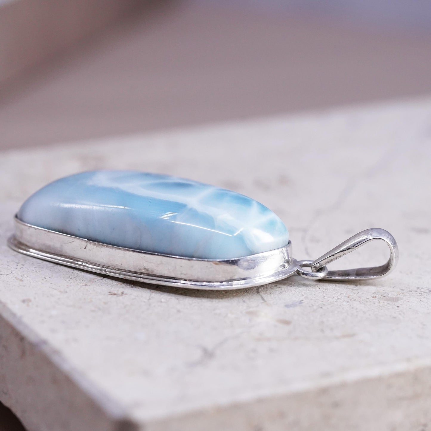 Vintage Sterling 925 Silver Handmade huge Pendant with larimar
