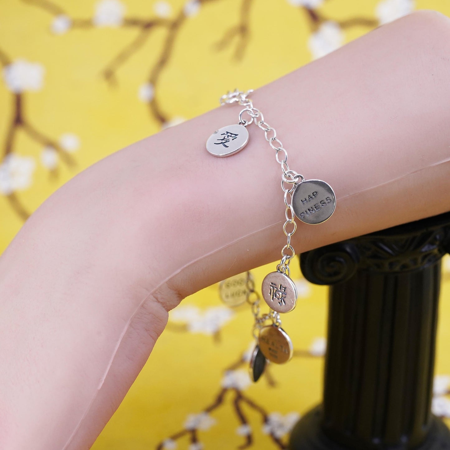 7.25” Sterling silver charm bracelet, 925 oval chain happiness wisdom good luck