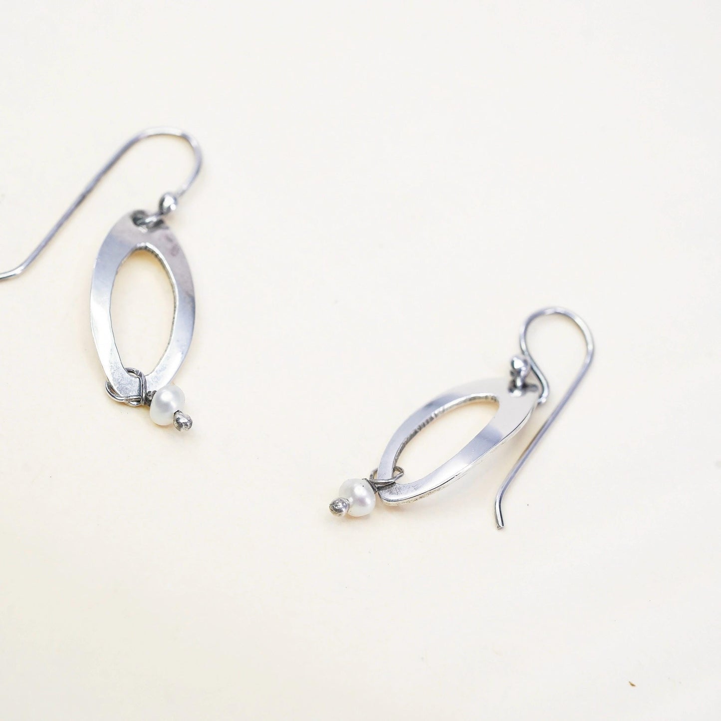Vintage sterling 925 silver handmade marquise shaped earrings w/ pearl dangles
