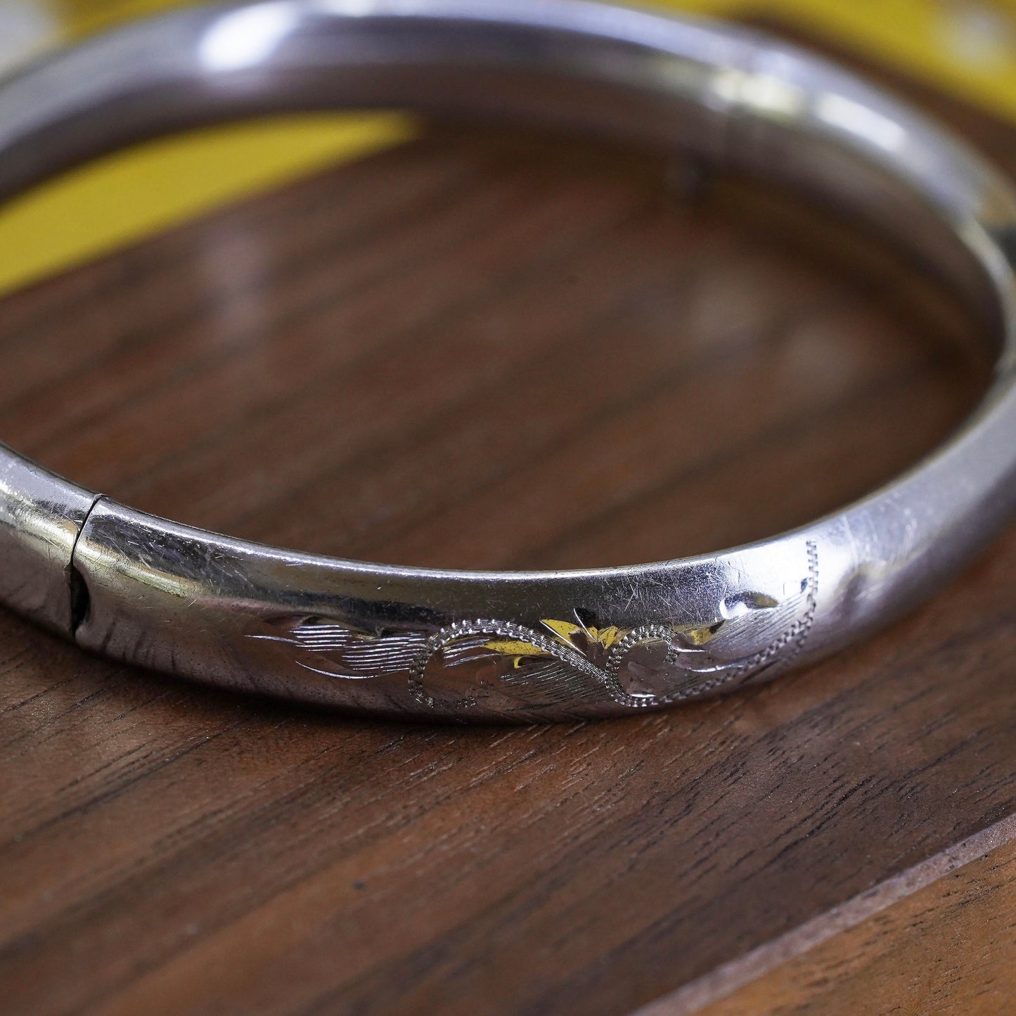 7.25", antique sterling silver handmade bracelet, textured 925 hinged bangle