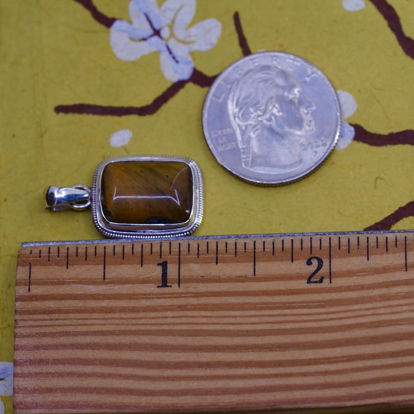 Vintage Sterling silver handmade pendant, Mexico 925 rectangle golden tiger eye