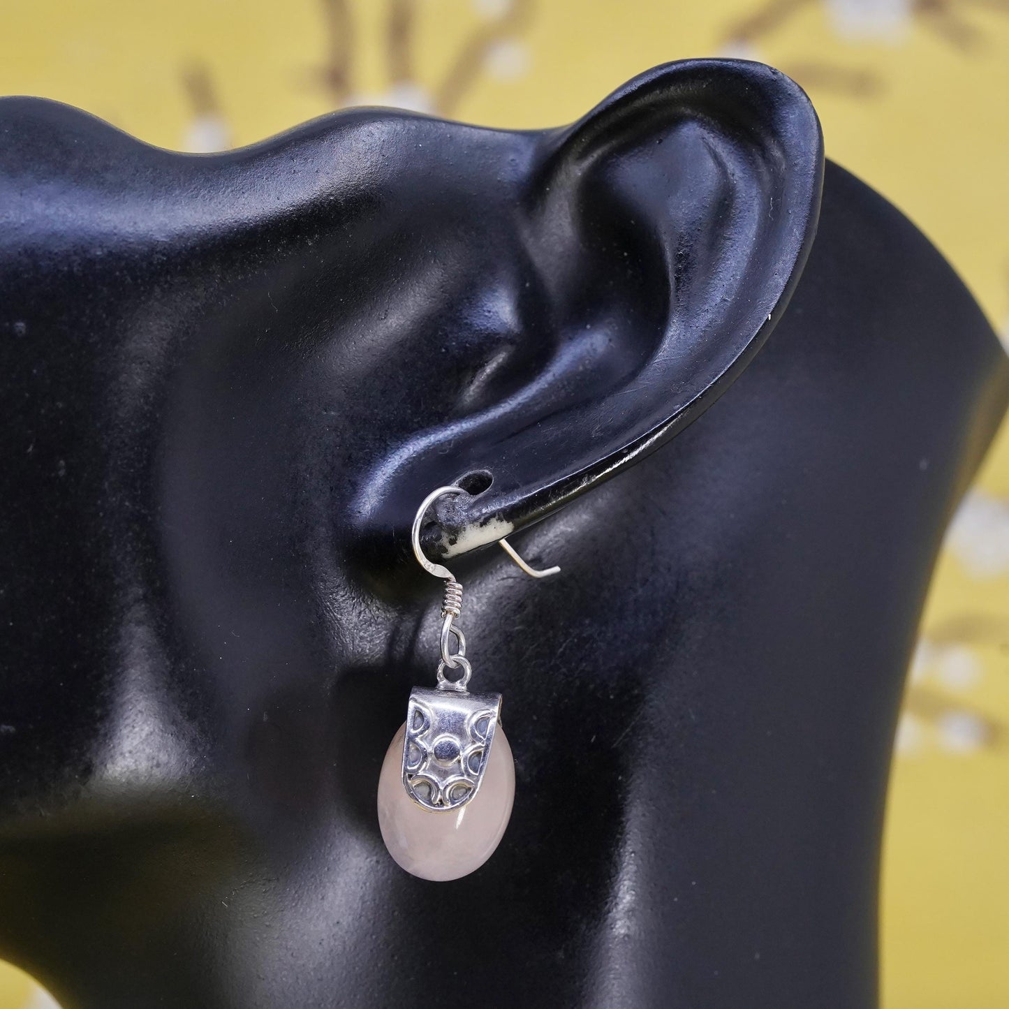 Vintage Sterling 925 silver handmade earrings with pink rose quartz