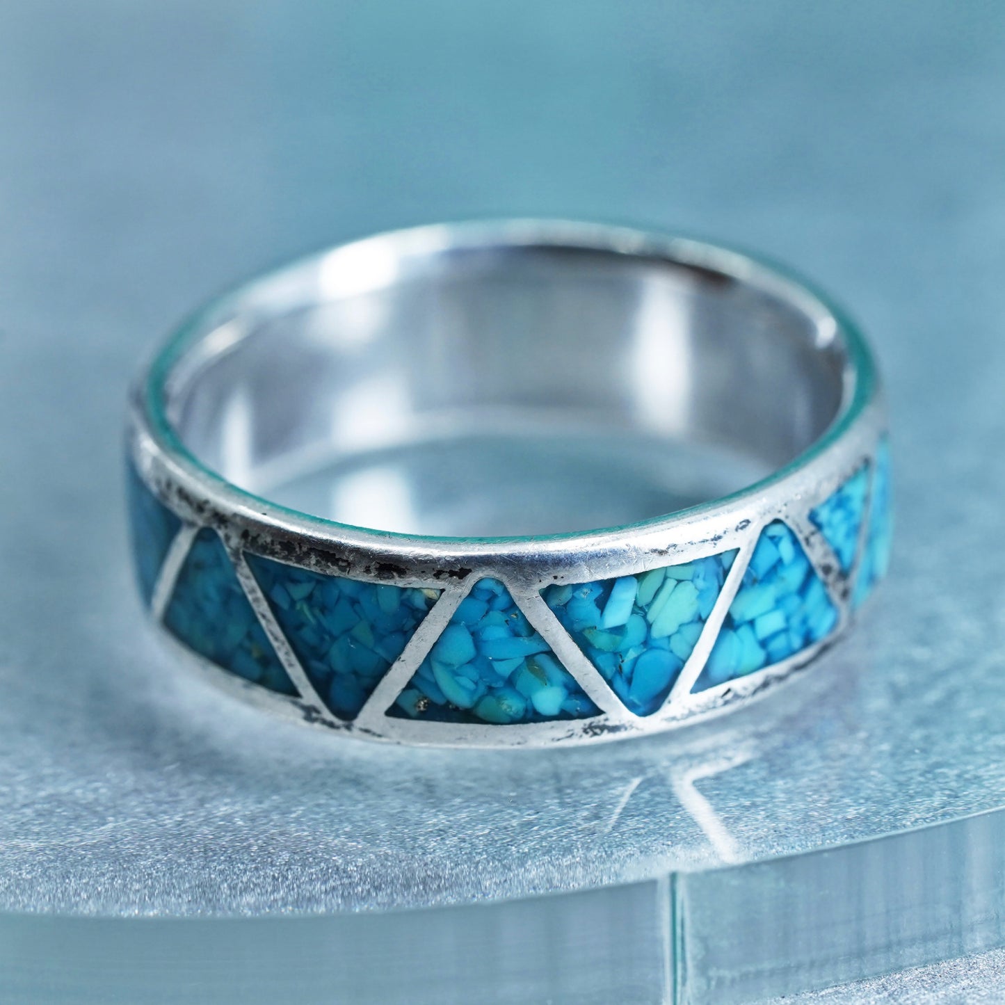 Size 11, Native American navajo Sterling 925 silver ring turquoise chips inlay