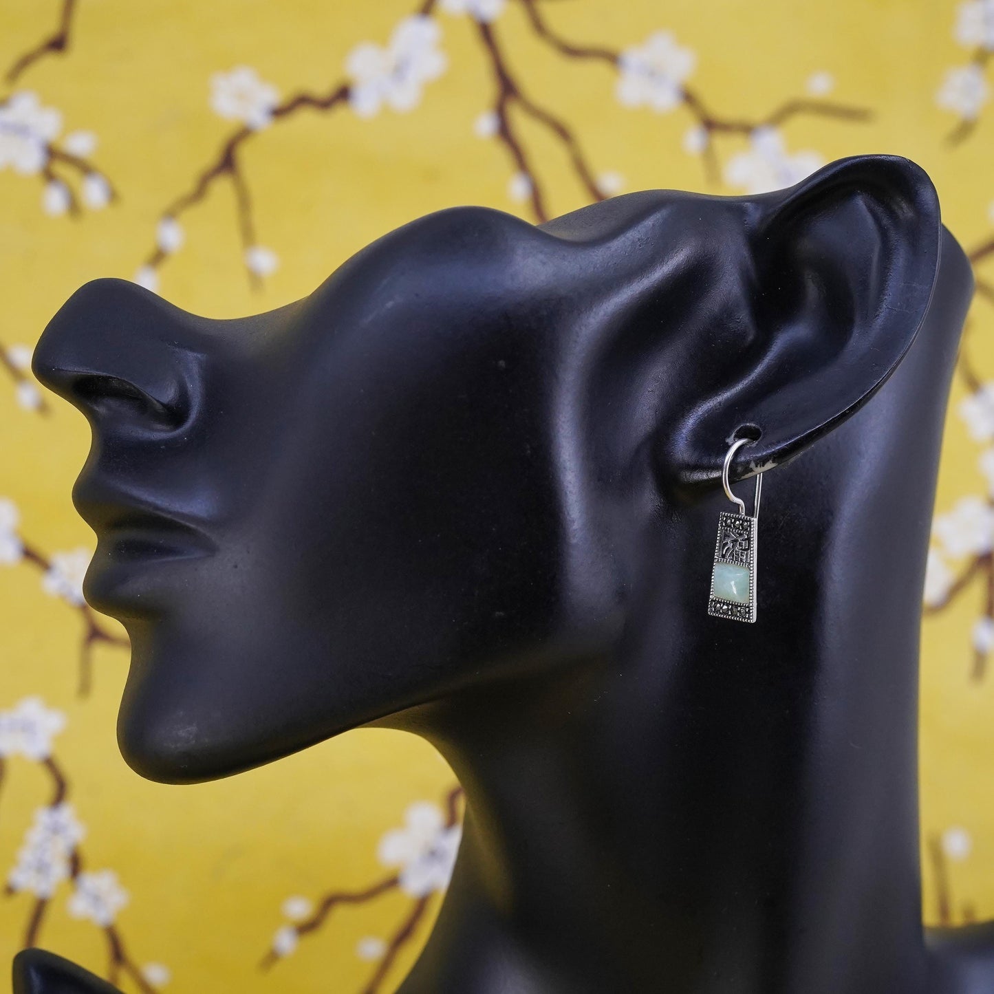 Sterling 925 silver Chinese word “happiness” earrings with jade and marcasite