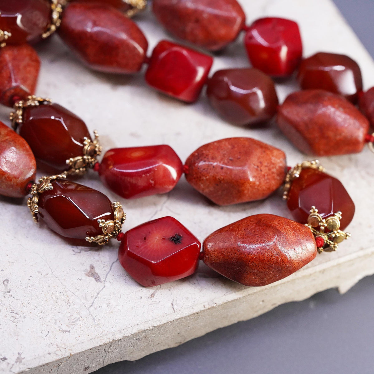 20+1", LUC Vermeil Gold Sterling 925 Silver necklace coral carnelian nuggets