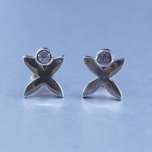 Vintage Sterling 925 silver handmade earrings, butterfly studs with Cz inlay