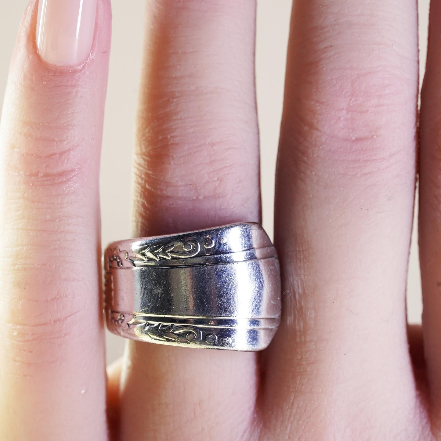 Size 8, vintage Sterling silver handmade spoon ring, 925 textured band