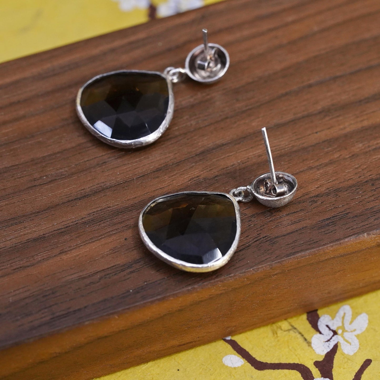 Vintage Sterling 925 Silver Brown Smoky Quartz teardrop handmade Earrings