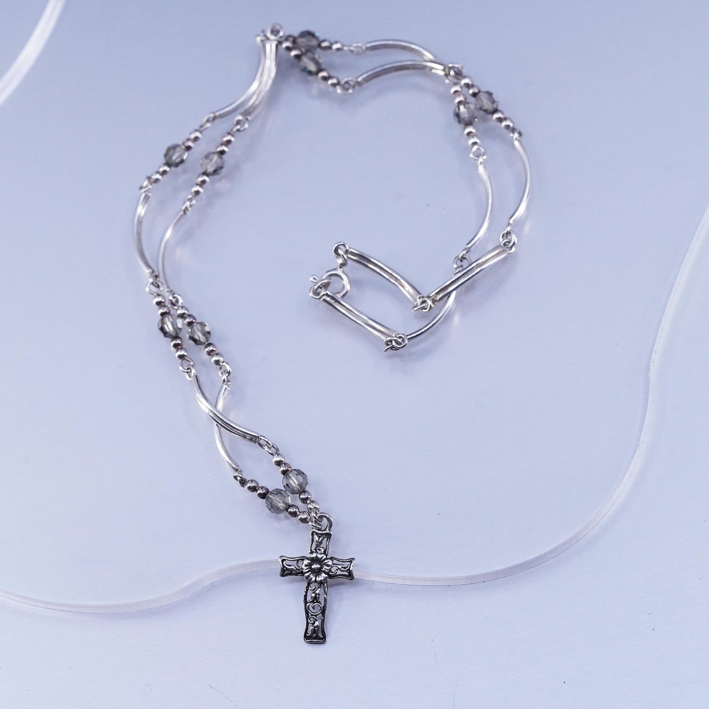 16”, vintage Sterling 925 silver curvy bar necklace with filigree cross pendant