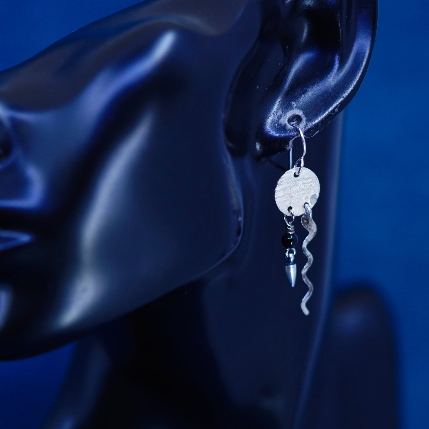Southwestern sterling silver handmade earrings, 925 multi disc with onyx beads