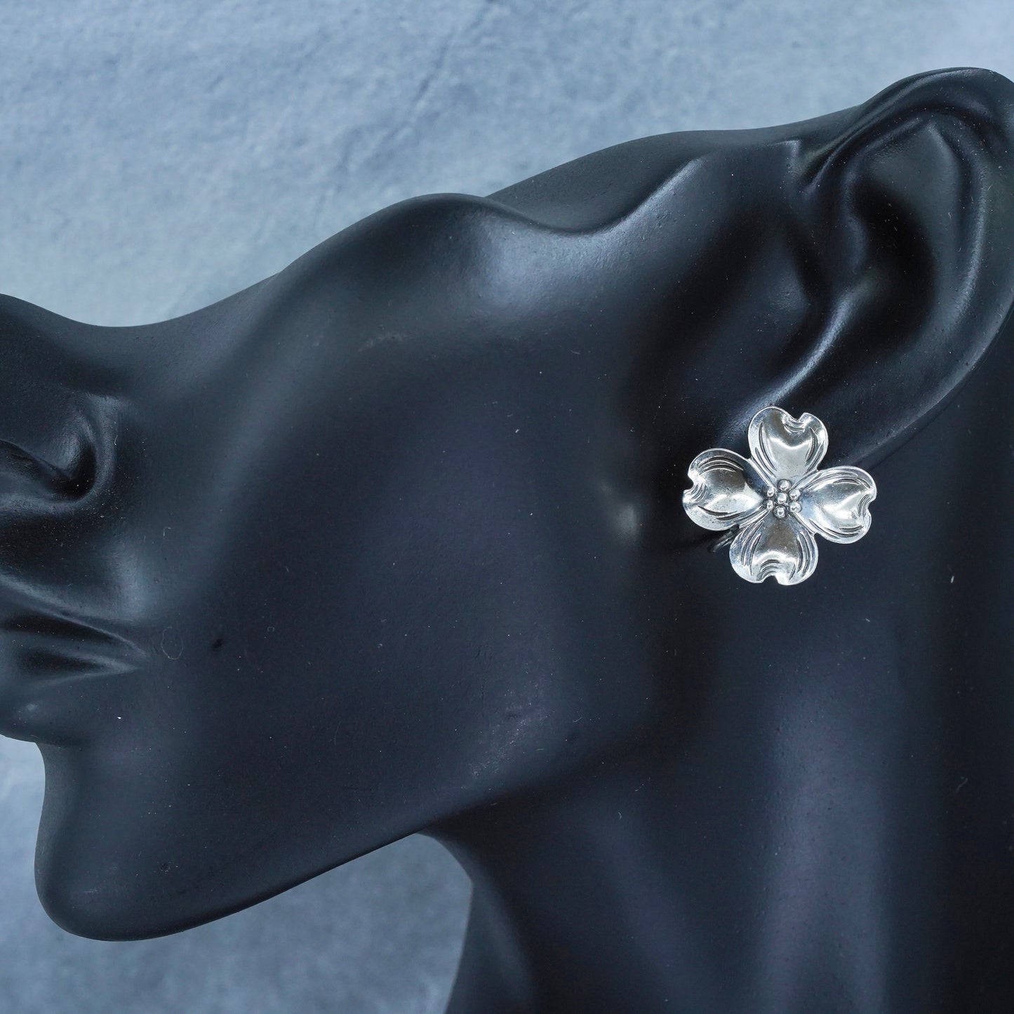 Vintage NYE Sterling 925 silver handmade earrings, screw back dogwood flower