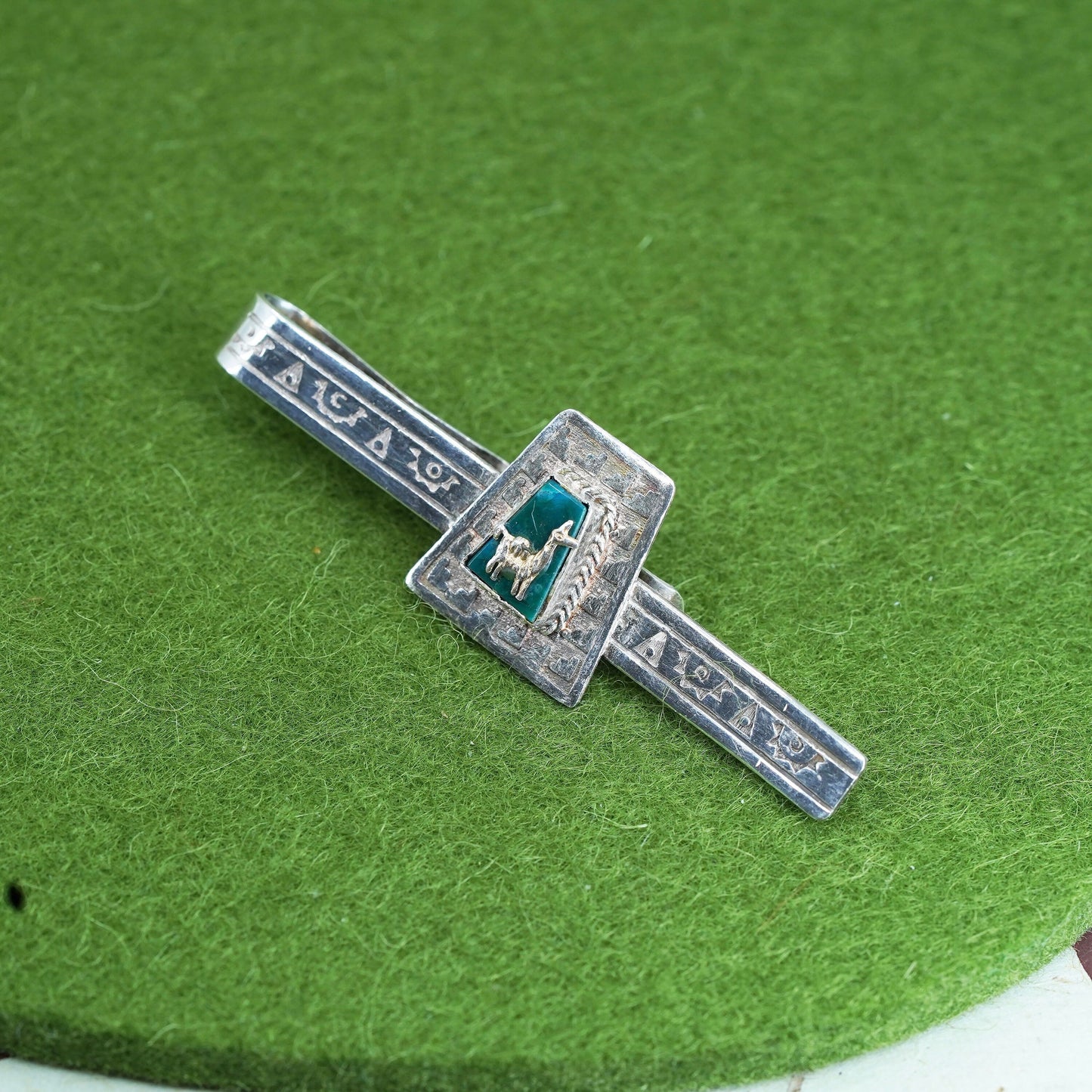 Vintage sterling 925 silver handmade tie clip with turquoise and llama
