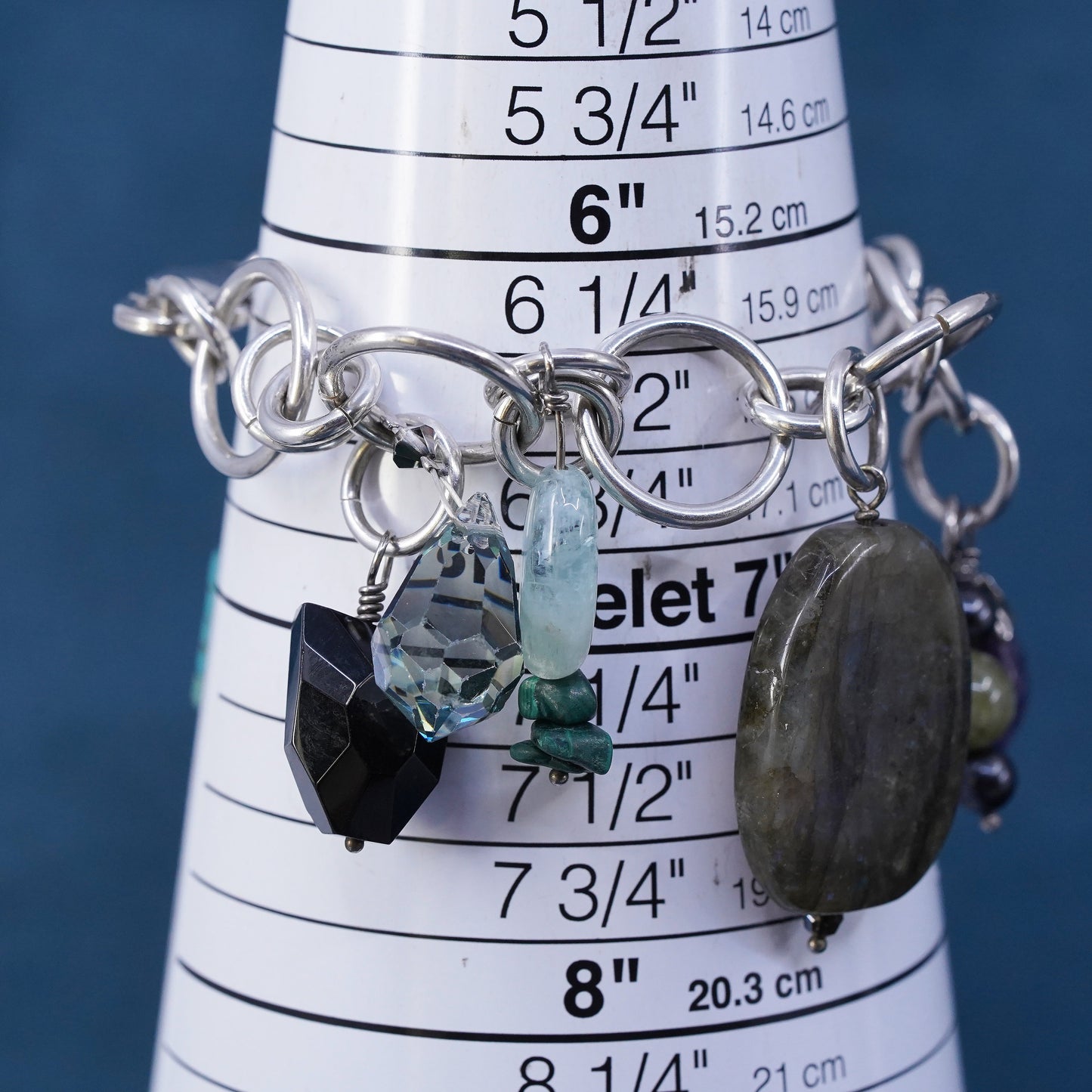 6.5", Sterling silver bracelet, 925 huge circle turquoise labradorite amethyst