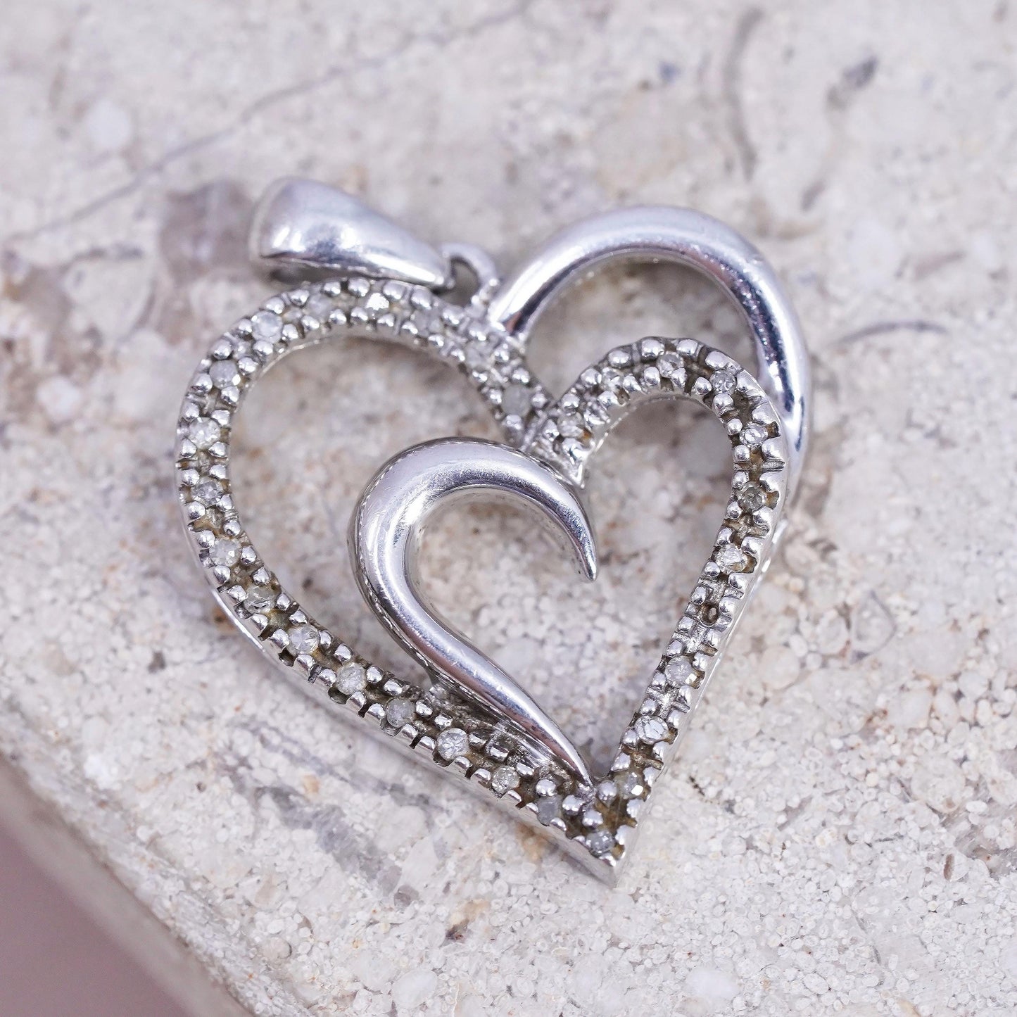 Vintage SUN Sterling 925 silver double heart pendant with cluster diamond