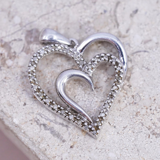 Vintage SUN Sterling 925 silver double heart pendant with cluster diamond