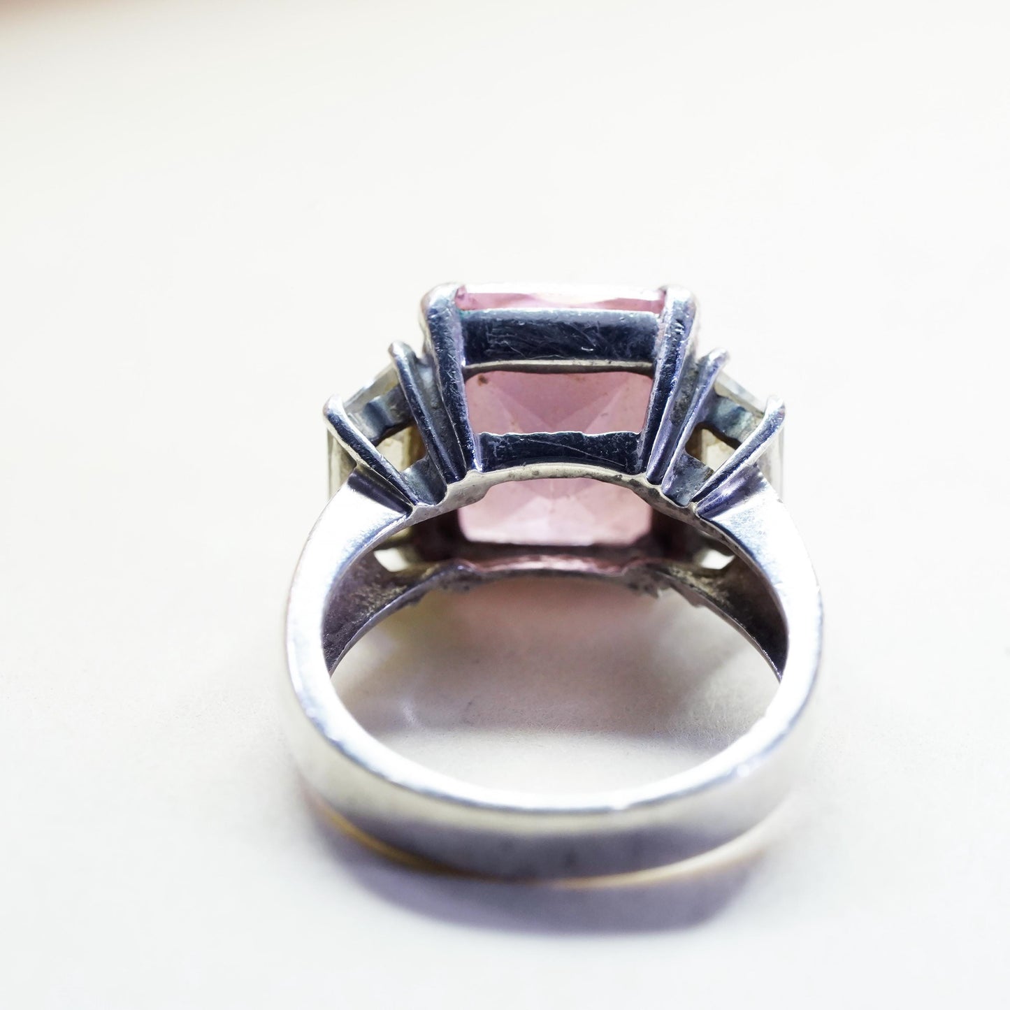 Size 8.25, Vintage Sterling 925 silver ring with square pink Quartz clear cz