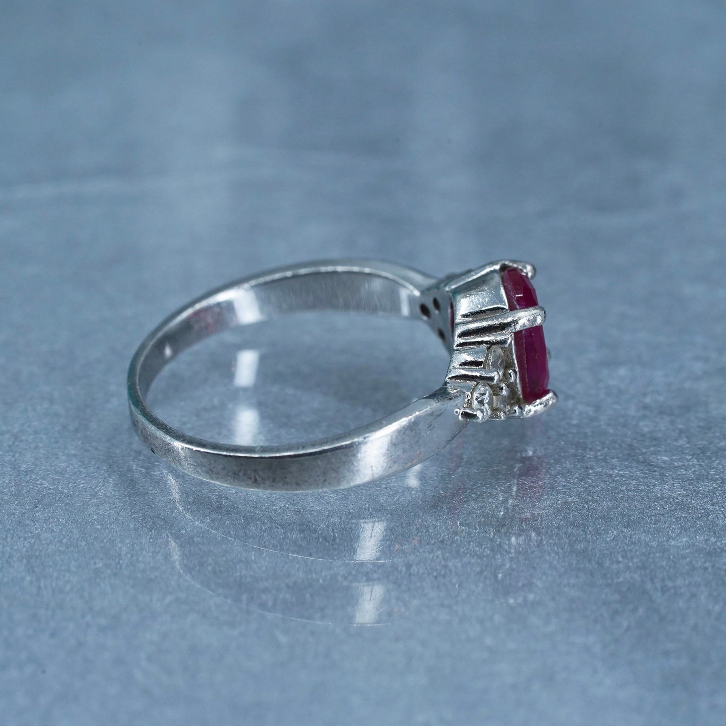 Size 8, vintage Sterling 925 silver engagement ring with ruby and cz