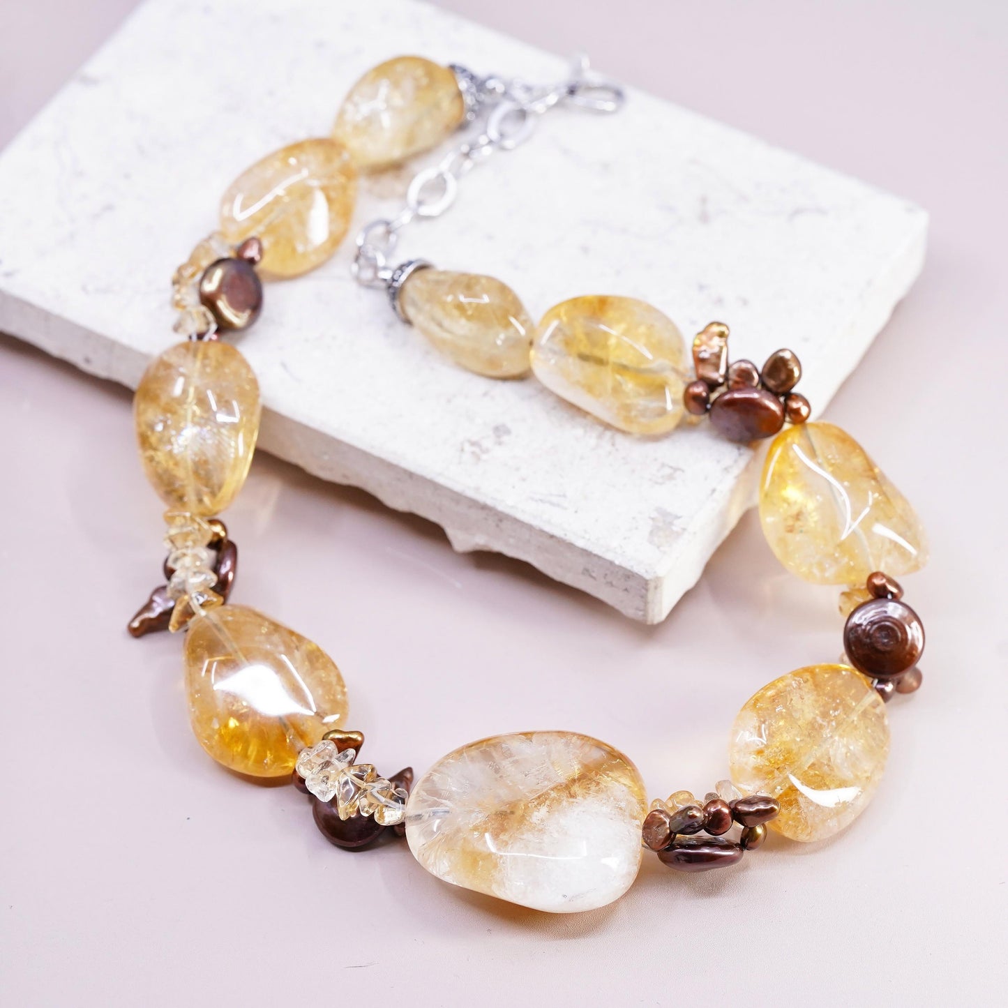 16+2", VTG Deb Guyot Sterling 925 silver chunky citrine coin pearls Necklace