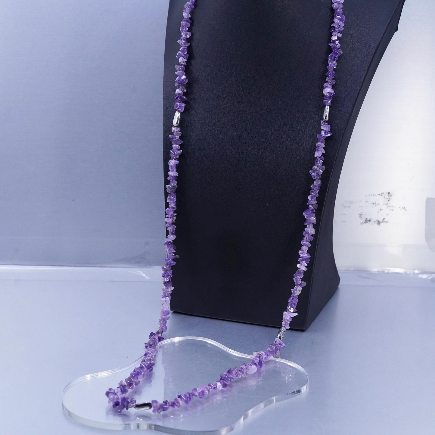 40”, Vintage sterling 925 silver handmade extra long necklace w/ amethyst beads