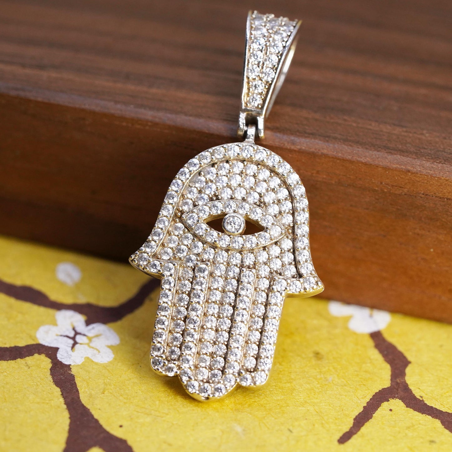 Sterling Silver Hamsa Hand Pendant, 925 CZ Pave Evil Eye Charm, Fatima Hand