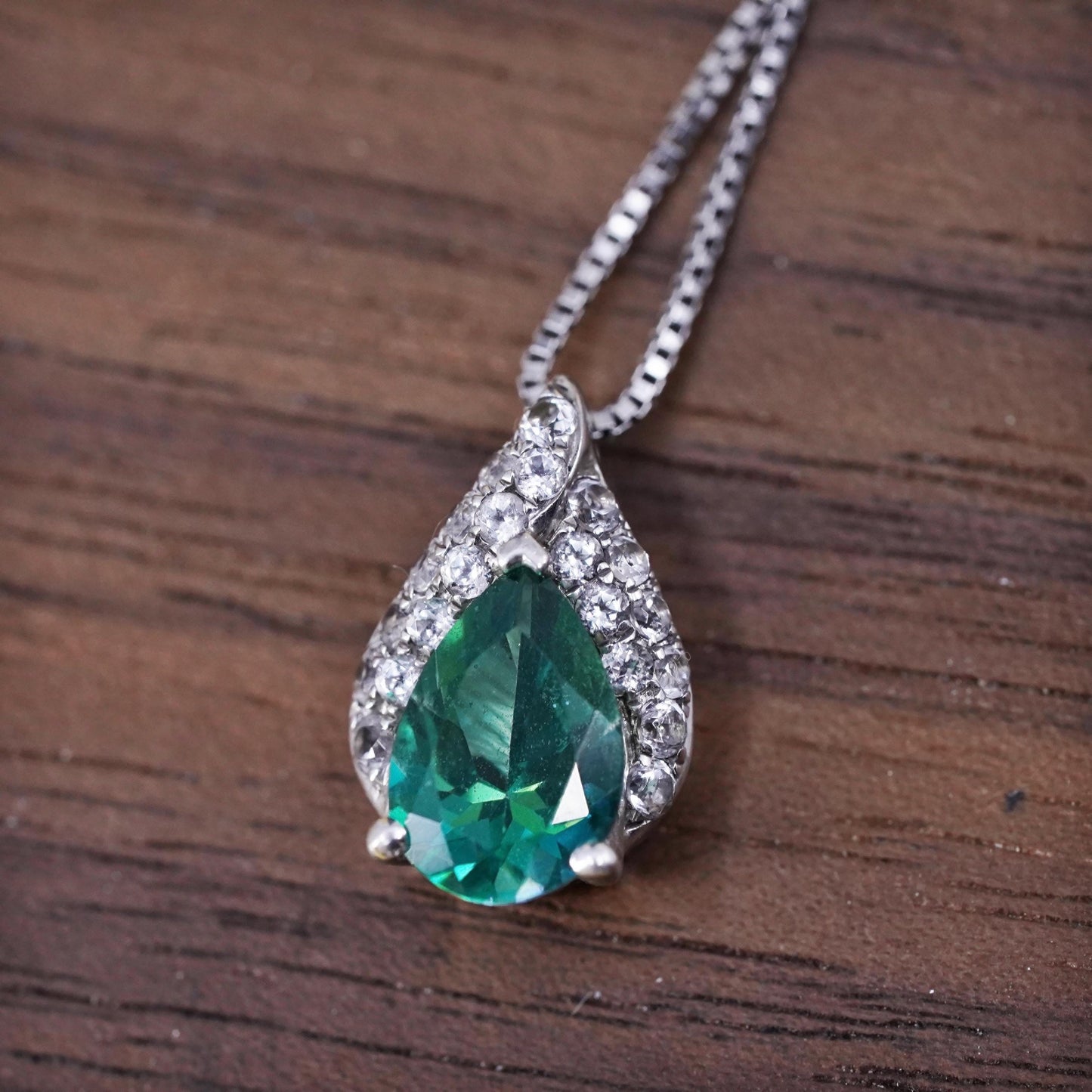 18+2” Sterling silver necklace, 925 box chain teardrop pendant cluster diamonds