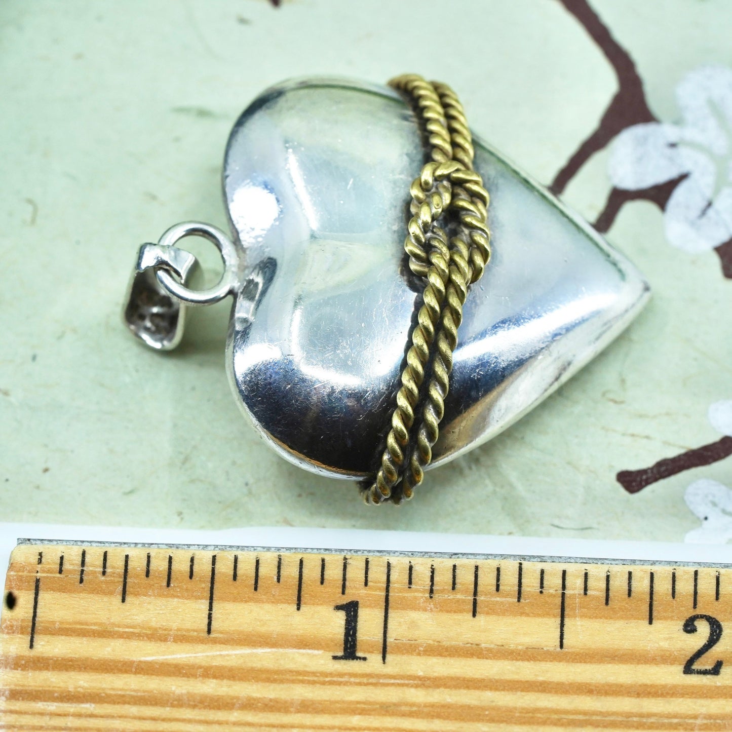 Vintage two tone sterling silver puffy heart w/ brass around, 925 charm pendant