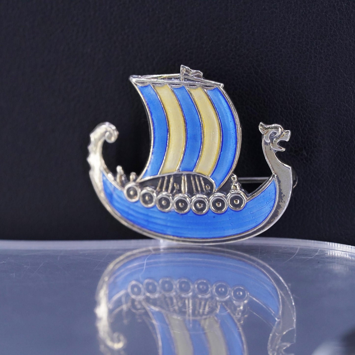 vintage Norway Sterling silver handmade brooch, 925 sailing boat pin w/ enamel
