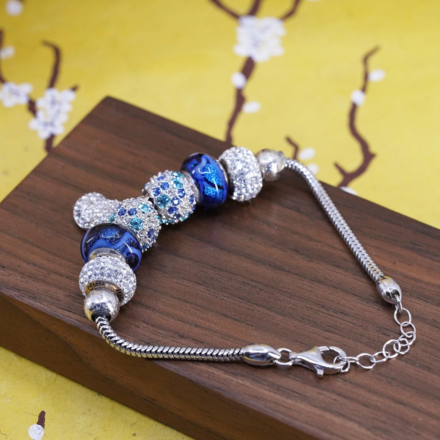 7+1", Fiora sterling silver bracelet, 925 snake chain glass beads heart charm