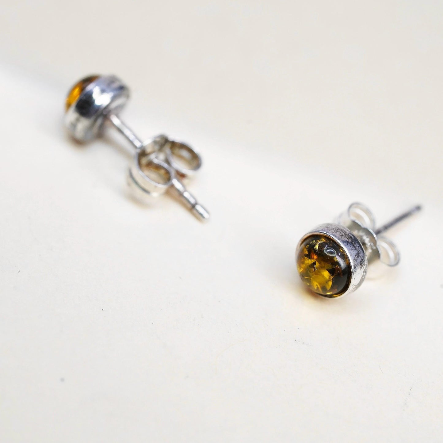 Vintage Sterling 925 silver handmade earrings round Amber studs, southwestern