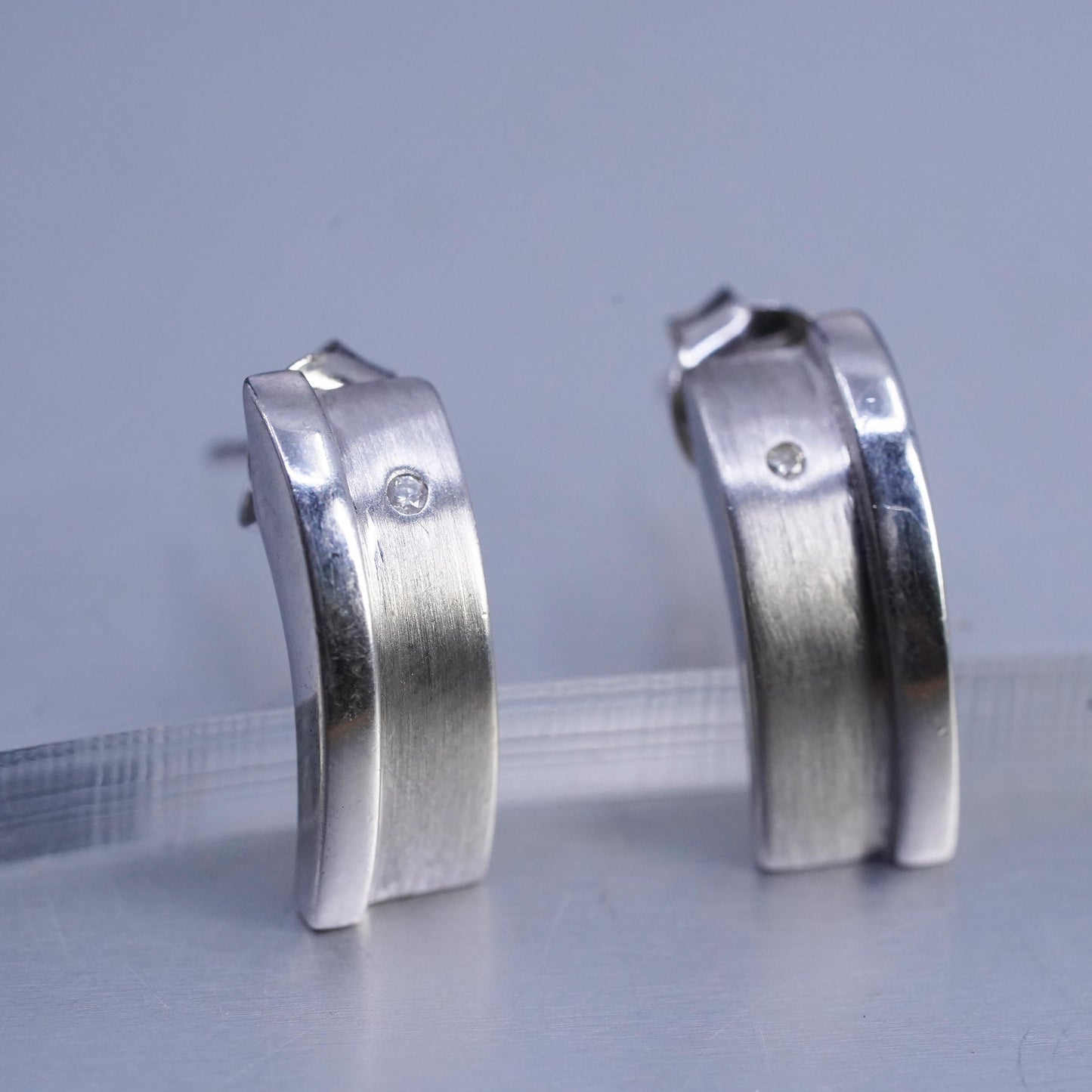 Vintage modern GHA Sterling 925 silver earrings, studs with diamond inlay