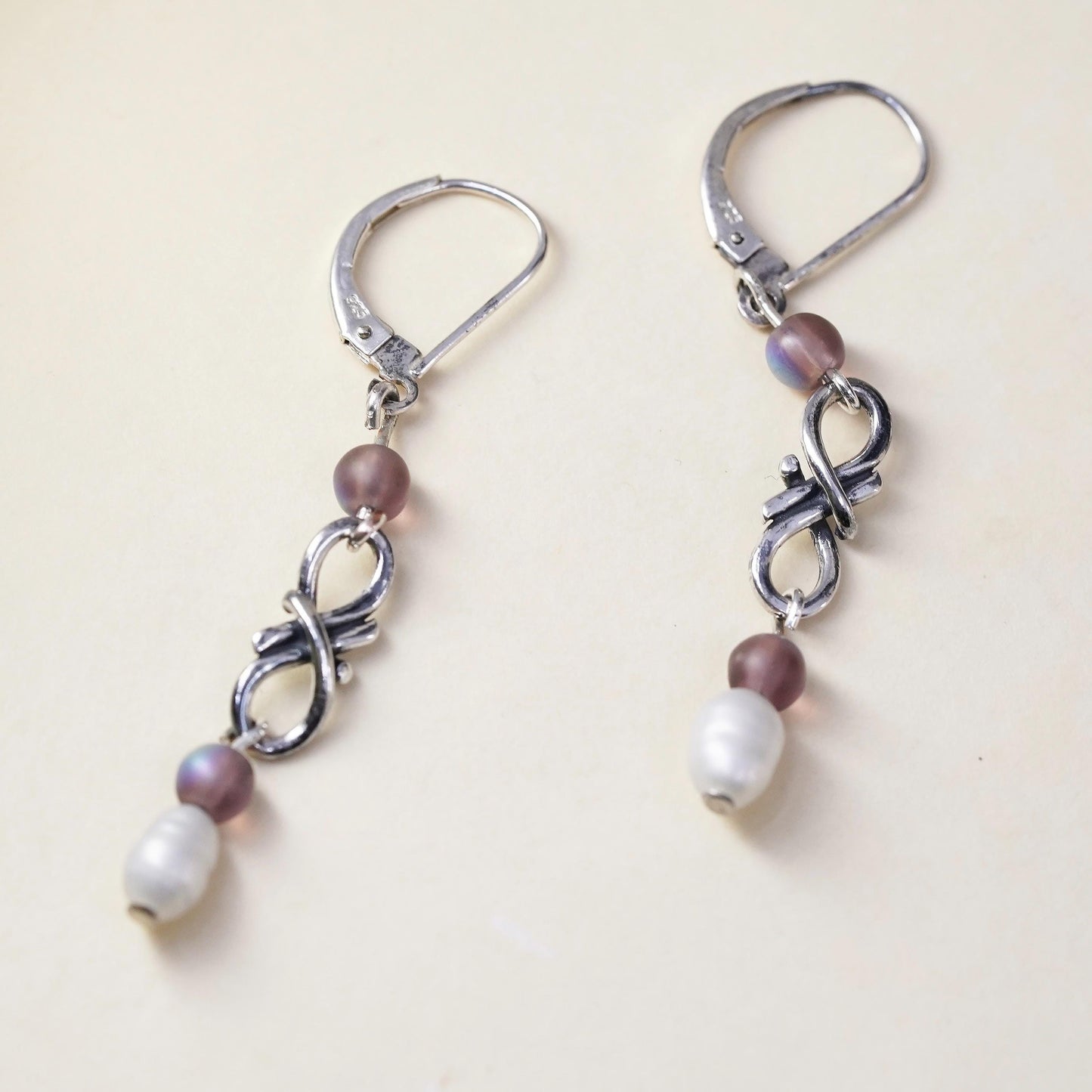 Vintage Sterling silver handmade earrings, 925 hooks with amethyst pearl