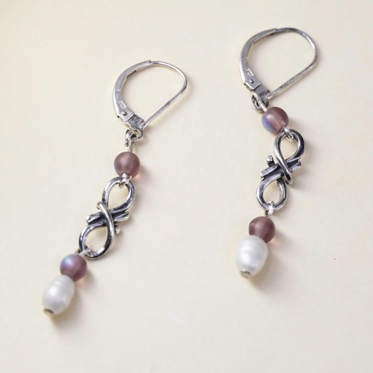 Vintage Sterling silver handmade earrings, 925 hooks with amethyst pearl